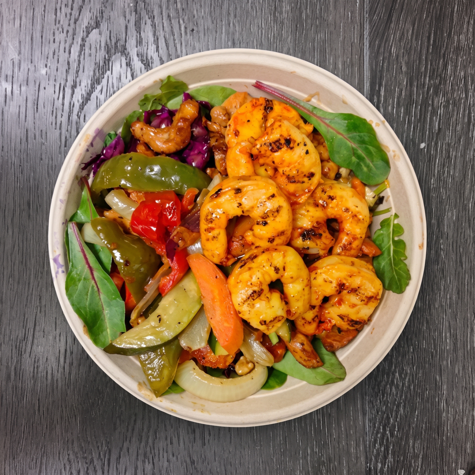 A bowl of grilled shrimp, colorful bell peppers, onions, and mixed greens on a dark wooden surface.